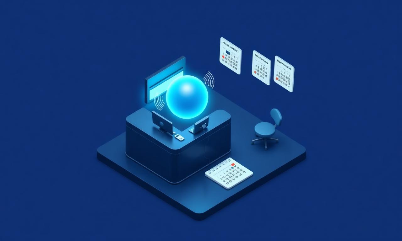 Abstract isometric illustration of a clinic reception desk with a glowing voice assistant and appointment cards