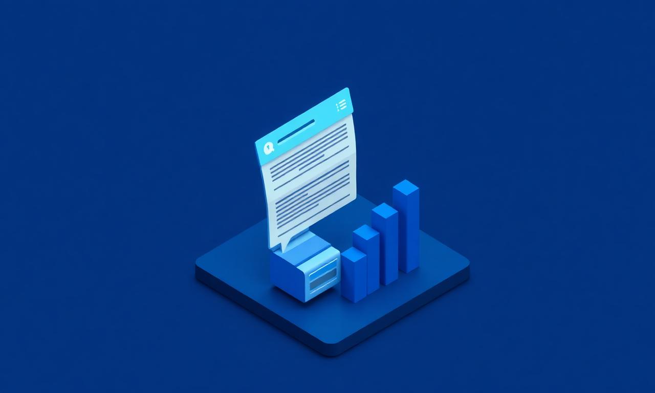 Abstract isometric illustration of a search result rising to the top position beside an ascending bar chart